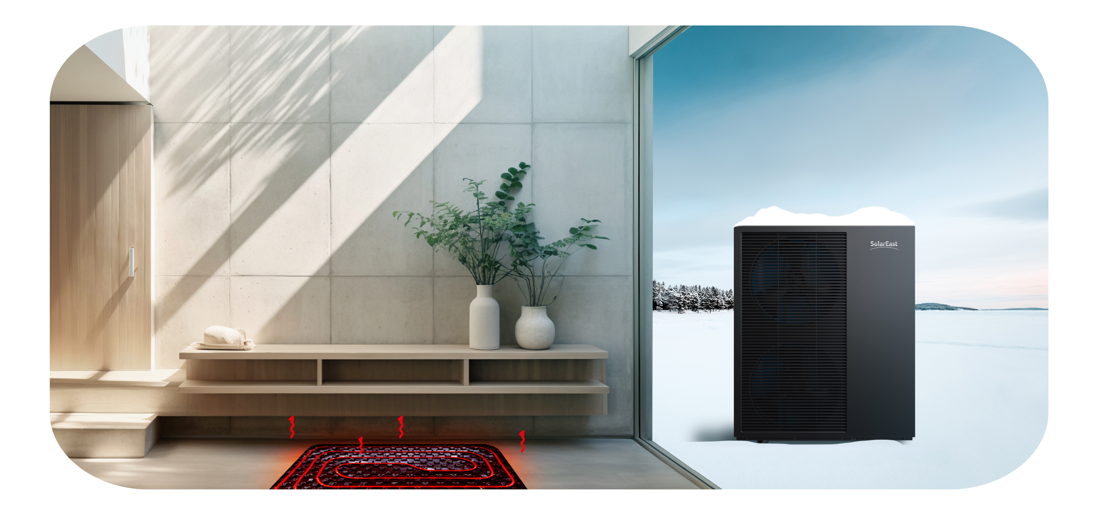 Warmtepompen onder de vloerverwarmingssysteem in een modern huis